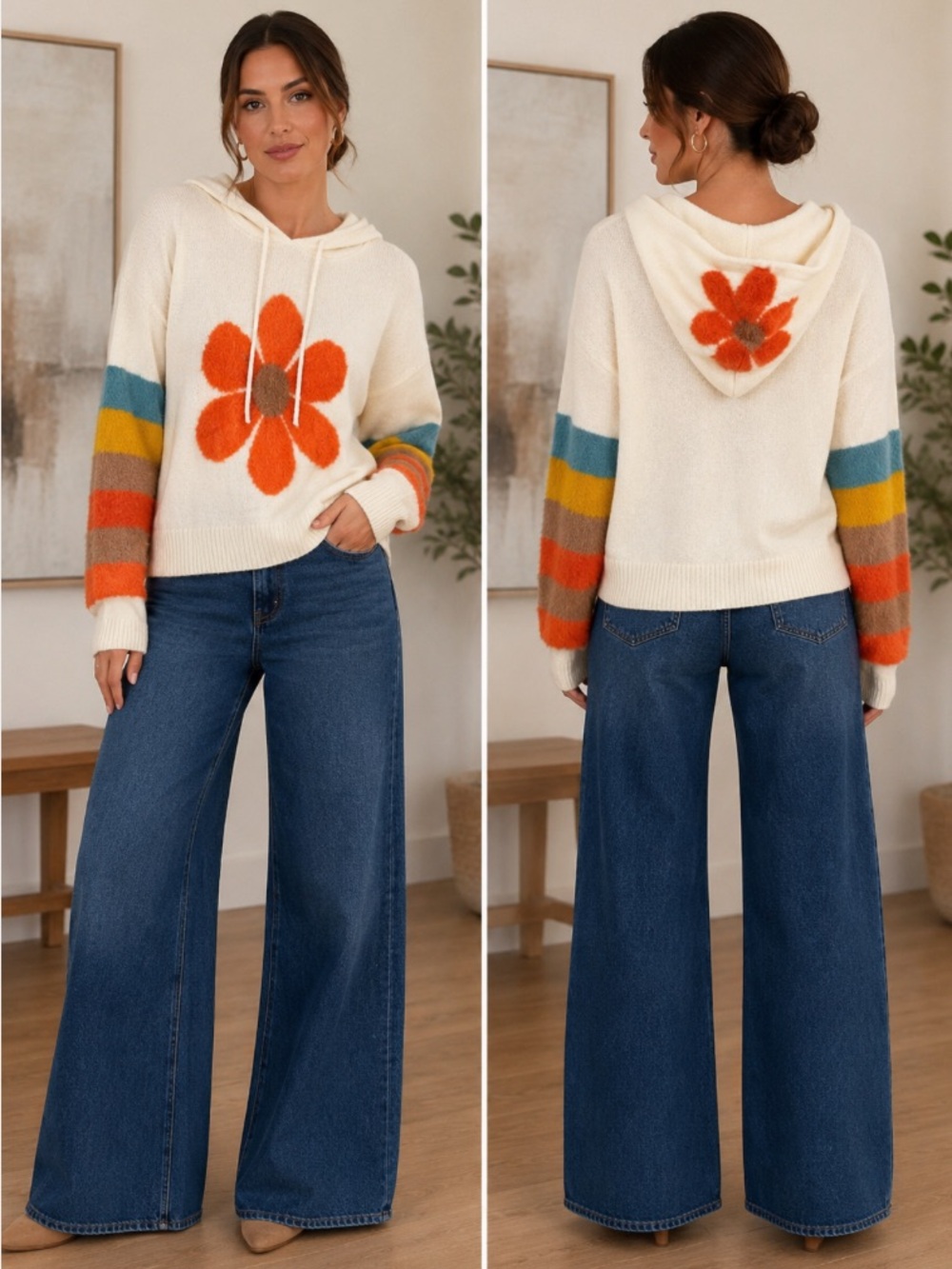 BiBi Cream Hoodie Sweater with Orange Flower L - Picture 2 of 7